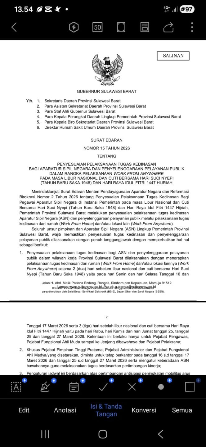 
					Gubernur Sulbar Terbitkan SE WFA bagi ASN Jelang Nyepi dan Idul Fitri 1447 H