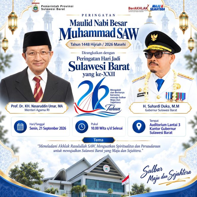 
					Gubernur Sulbar Sambut Kehadiran Menteri Agama RI pada Peringatan Maulid Nabi Muhammad SAW